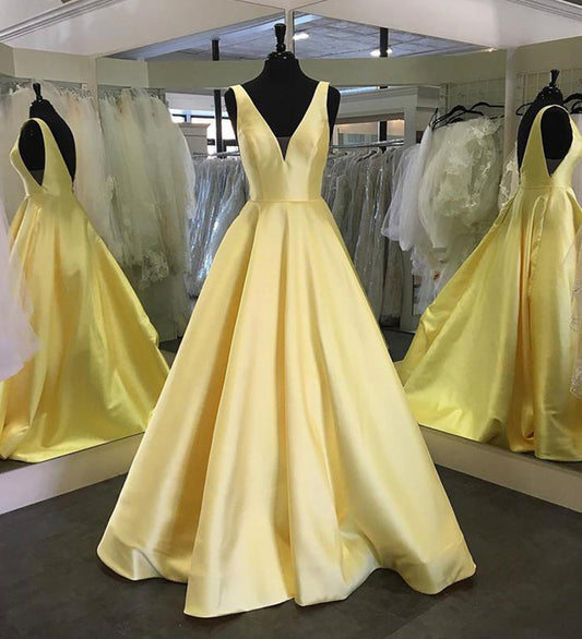 Yellow v neck satin long prom dress yellow evening dress KS6980