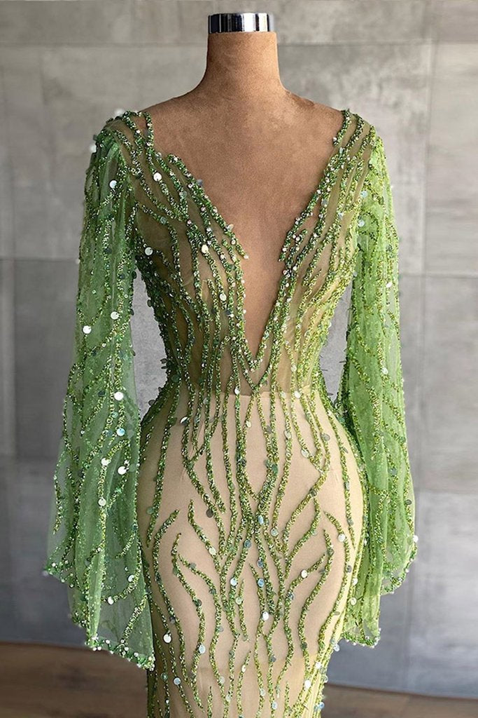 Sexy Deep V Neck Green Prom Dress Full Sleeve Crystals Sequined Mermaid Fashion Evening Gown Pageant Dresses KS7126