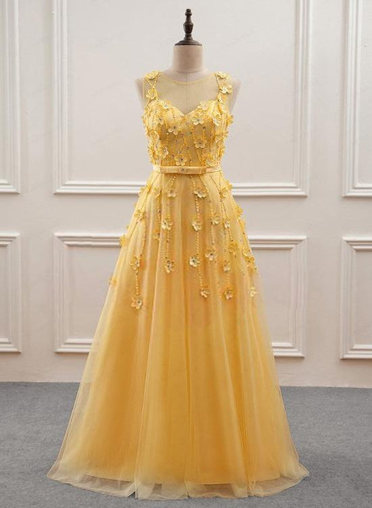 Yellow Flowers Tulle Long New Prom Dress, A-line Party Dress KS5584