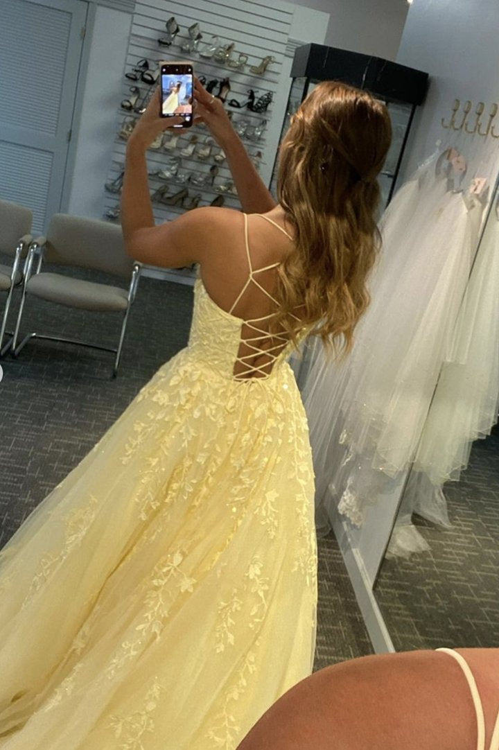 Yellow lace long A line prom dress evening dress SA440