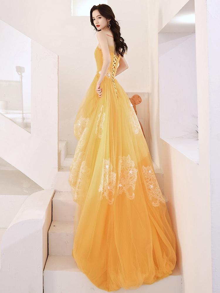 Yellow Unique High Low Tulle with Lace Prom Dress, Yellow Formal Dress Evening Dress KS6238