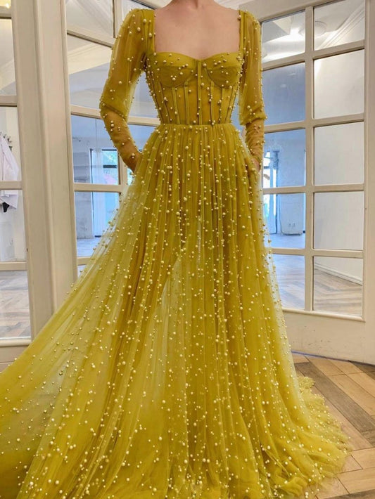 Yellow sweetheart tulle beads long prom dress, yellow evening dress SA271