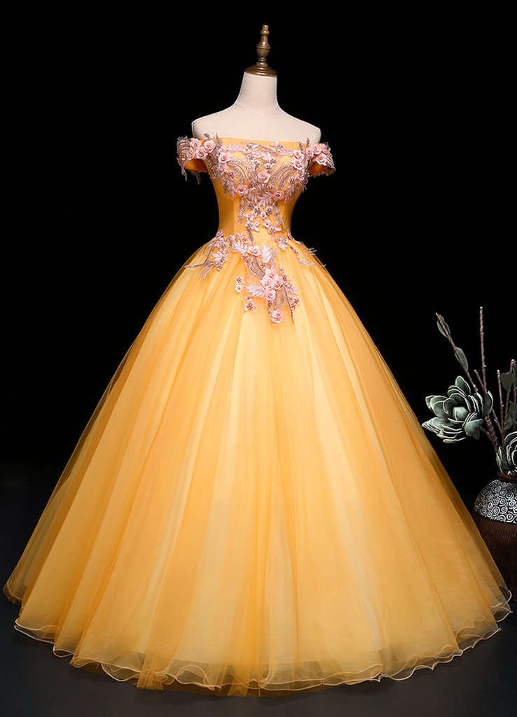 Yellow Tulle Off Shoulder Long Custom Size Senior Prom Dress, Evening Dress KS7637