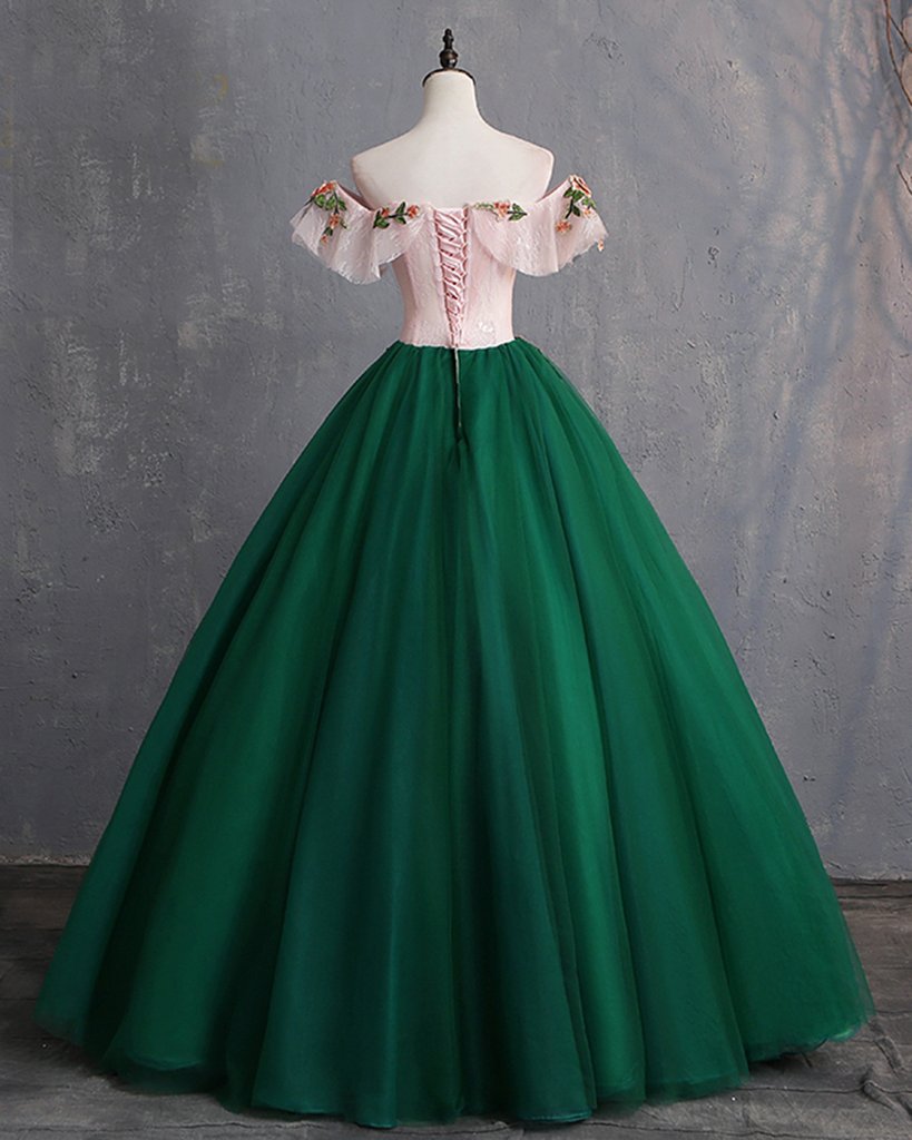 Deep Green Tulle Off Shoulder Long Customize Prom Dress, Evening Dress With Sleeve KS7482