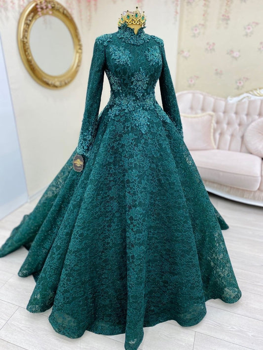 Teal Green Lace Appliques Muslim Prom Dress High Neck Long Sleeve Dubai Kaftan Saudi Arabic Evening Formal Party Gown SA1677