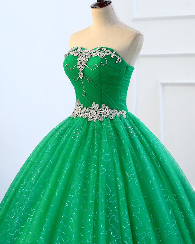 Strapless Green Sequins Tulle Long A Line Beaded Prom Dress, Formal Dress KS7480
