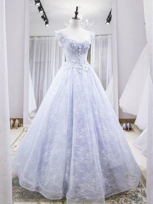 Light blue tulle lace long prom dress, blue evening dress SA26