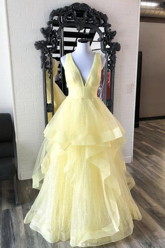 Yellow v neck tulle long A line prom dress evening dress KS5023