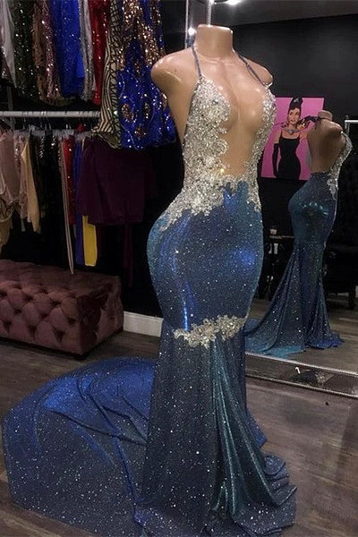 SPARKLE SEQUIN BACKLESS DEEP V-NECK LONG PROM PARTY GOWNS WITH TRAIN AS02
