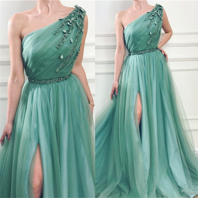 GORGEOUS ONE SHOULDER GREEN TULLE PROM PARTY GOWNS PROM DRESS SA134