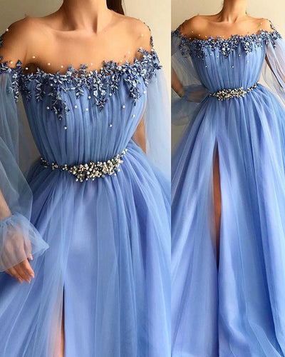 GORGEOUS OFF-THE-SHOULDER APPLIQUES TULLE A-LINE PROM DRESS SA108