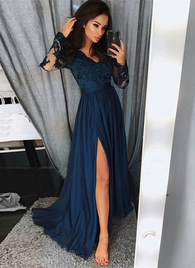 TRENDY LONG SLEEVES LACE BEADS PROM PARTY GOWNS| FRONT SPLIT PROM PARTY GOWNS SAS13