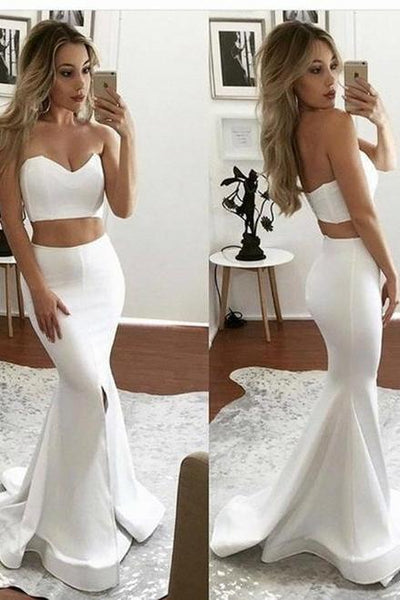 WHITE TWO PIECE FORMAL EVENING DRESSES MERMAID SWEETHEART SLEEVELESS FRONT SLIT PROM DRESS SAS38