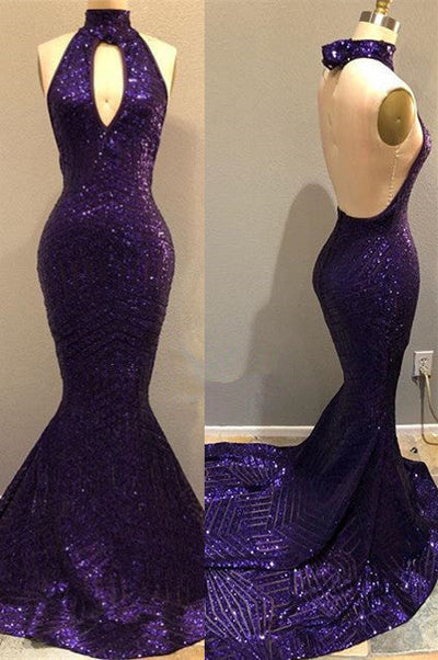 SEQUINS HALTER GRAPE PROM DRESS BACKLESS LONG EVENING GOWNS SAS53