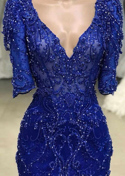 ROYAL BLUE BEADED LACE APPLIQUES 1/2 SLEEVE MERMAID PROM DRESS SAS56