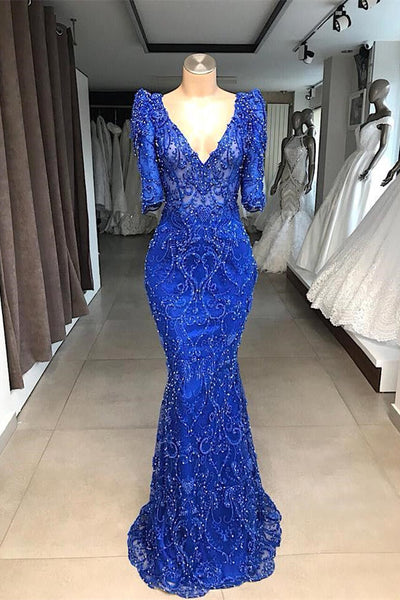 ROYAL BLUE BEADED LACE APPLIQUES 1/2 SLEEVE MERMAID PROM DRESS SAS56