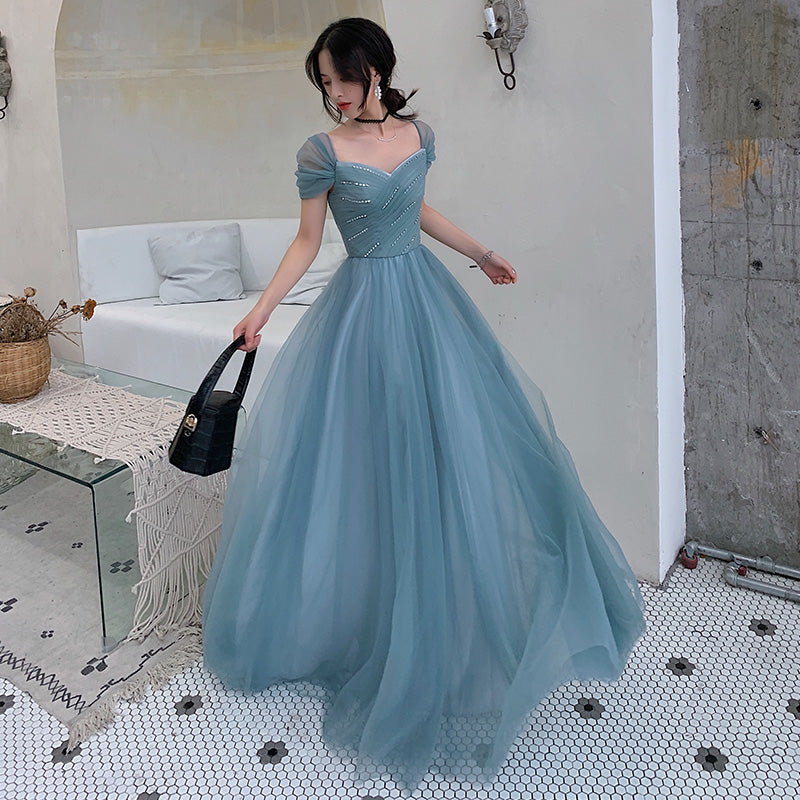 Blue tulle long prom dress, evening dress B304