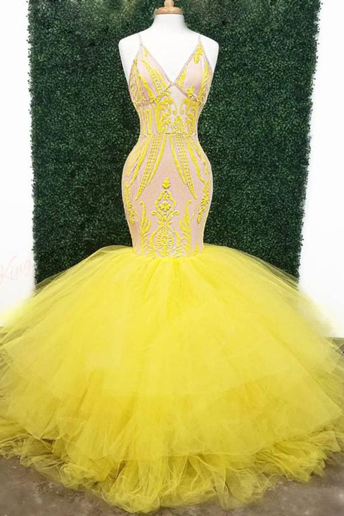 Yellow Sexy Prom Dresses With Deep V Neck Lace Appliques Mermaid Evening Gowns Plus Size Sweep Train Tulle Formal Party Dress KS7231