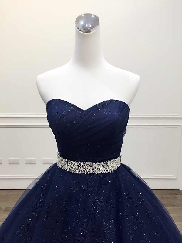 Stunning Navy Blue Tulle Strapless Long Sequins Prom Dress, Evening Dress D070