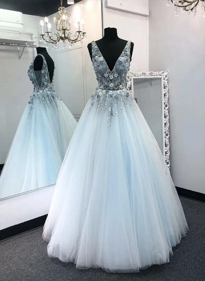 Light Blue Tulle V Neck Long A Line Prom Dress Formal Dress Graduation Dress NN70