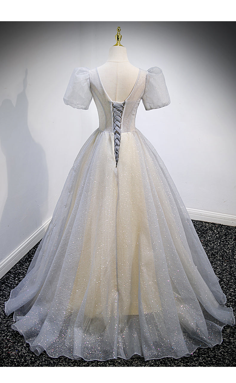 Princess Tulle Short Sleeves Long Prom Dresses SH043