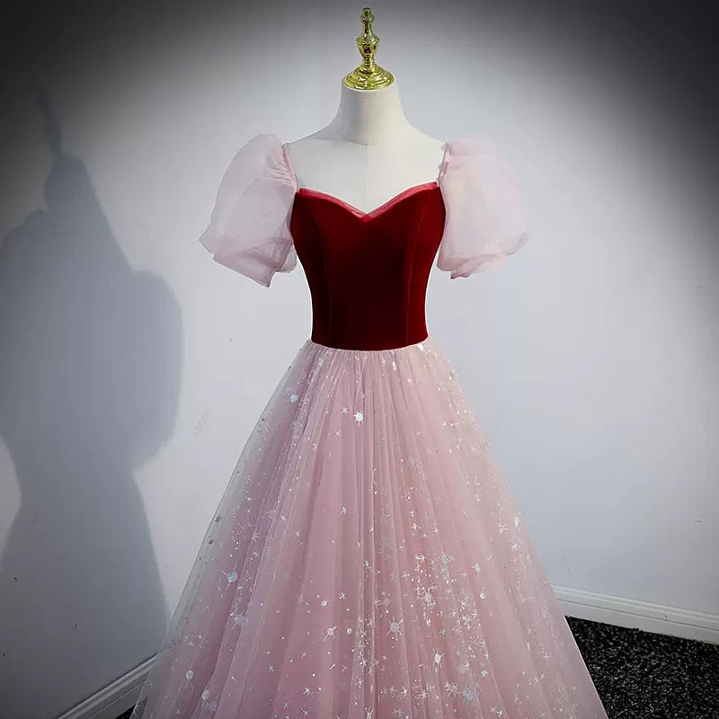 Princess Pink Short Sleeves Tulle Prom Dresses Sexy Evening Dress SH095