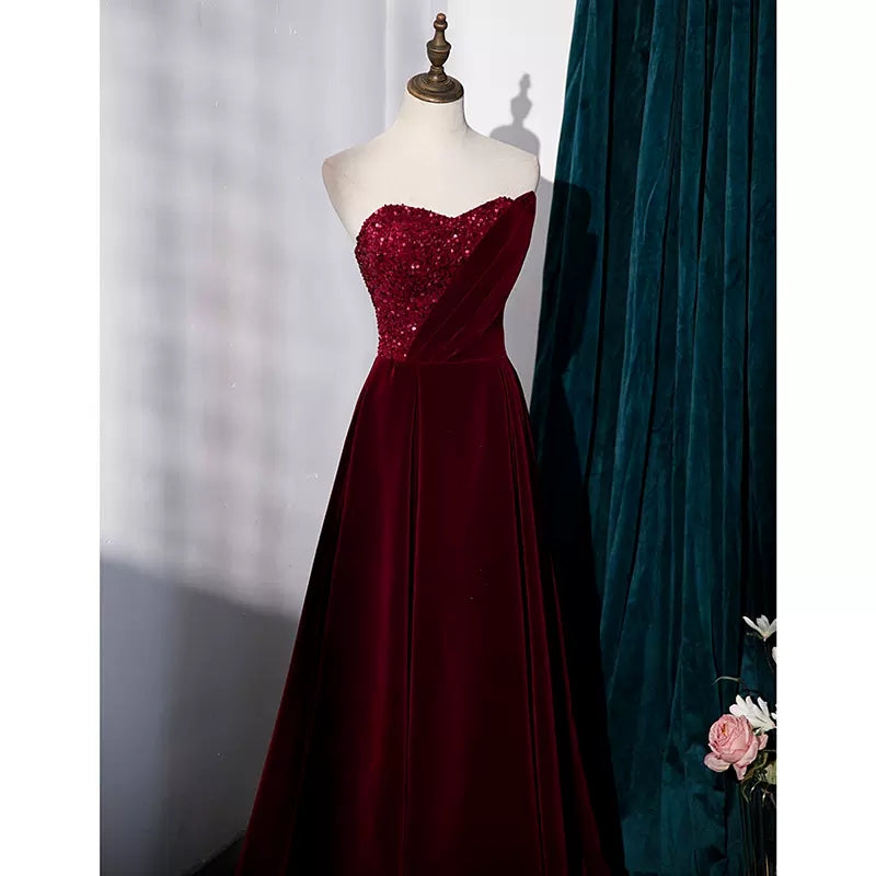 Simple A line Velvet Red Long Prom Dresses SH224