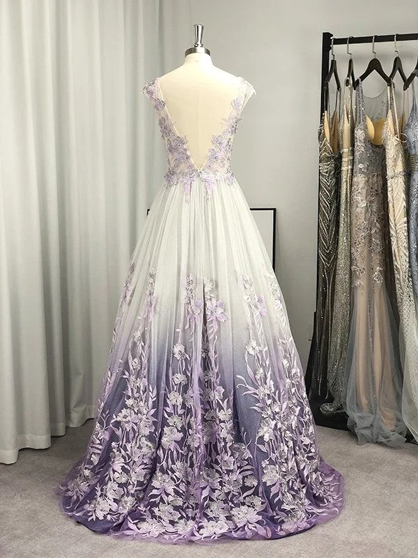 A-Line/Princess V-neck Tulle Applique Sleeveless Floor-Length Prom Dresses KS6803