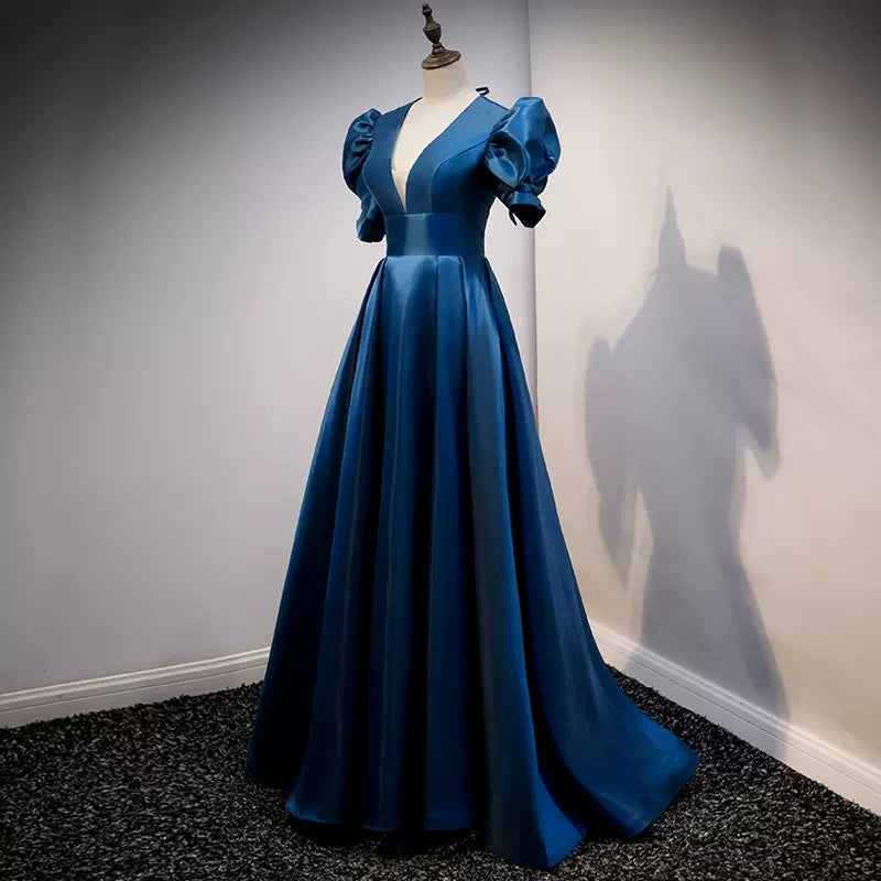 A line Short Sleeves Long Blue Prom Dresses SH051