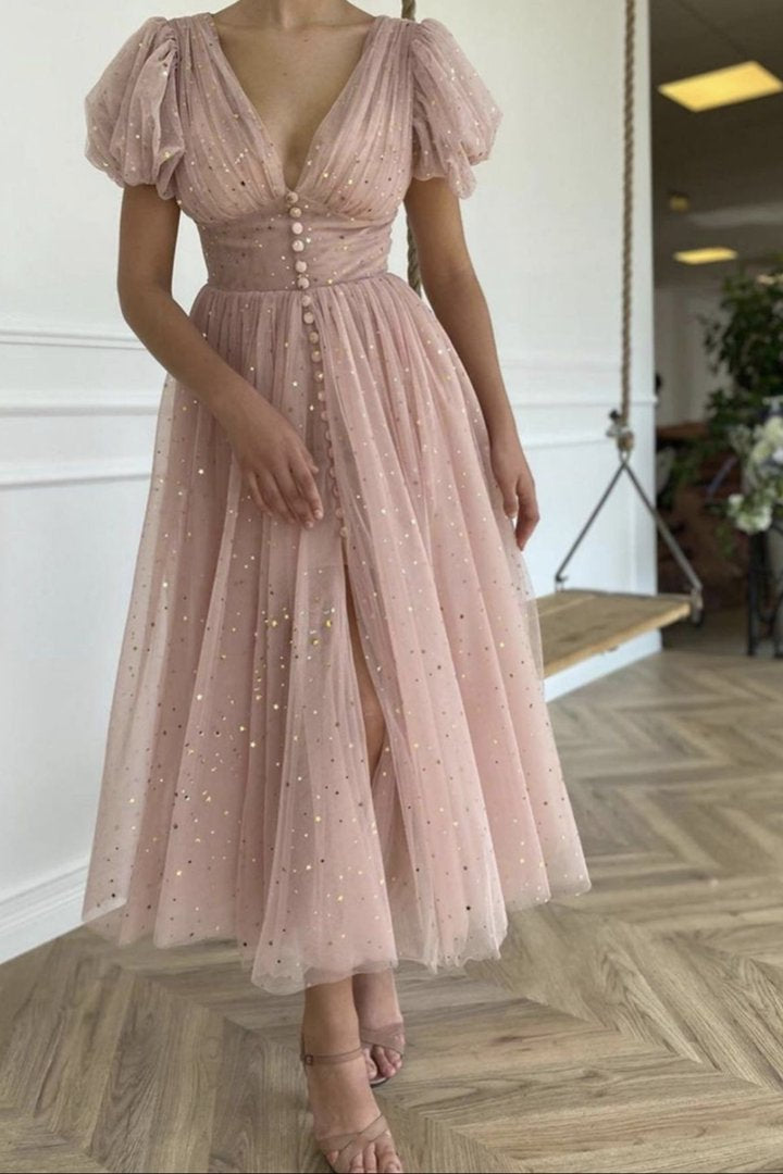 Pink v neck tulle short prom dress party dress KS6918