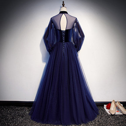 Simple A line Prom Dresses Long Sleeves Blue Tulle Evening Dress SH074