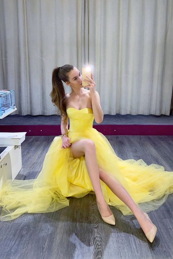 Yellow simple tulle long prom dress yellow formal dress P0196