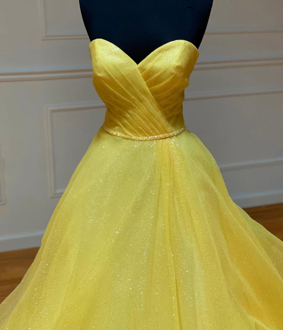 Yellow tulle sequins long prom dress formal dress P3404