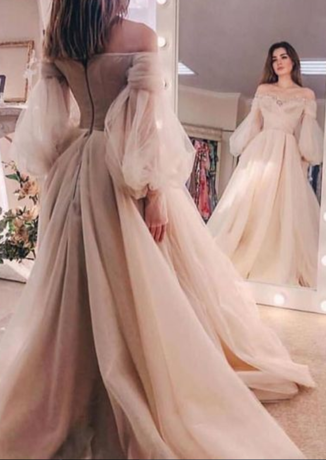 champagne prom dresses long sleeve a line tulle off the shoulder crystal evening dresses P3545