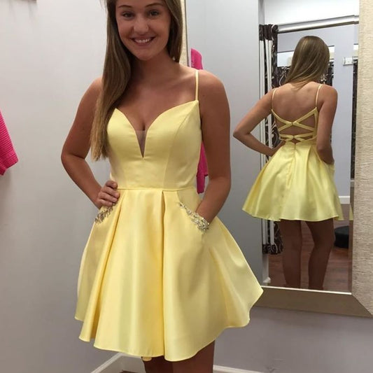 Yellow Homecoming dresses short,Short Prom Dresses,Homecoming Dress,Graduation Dress P4017
