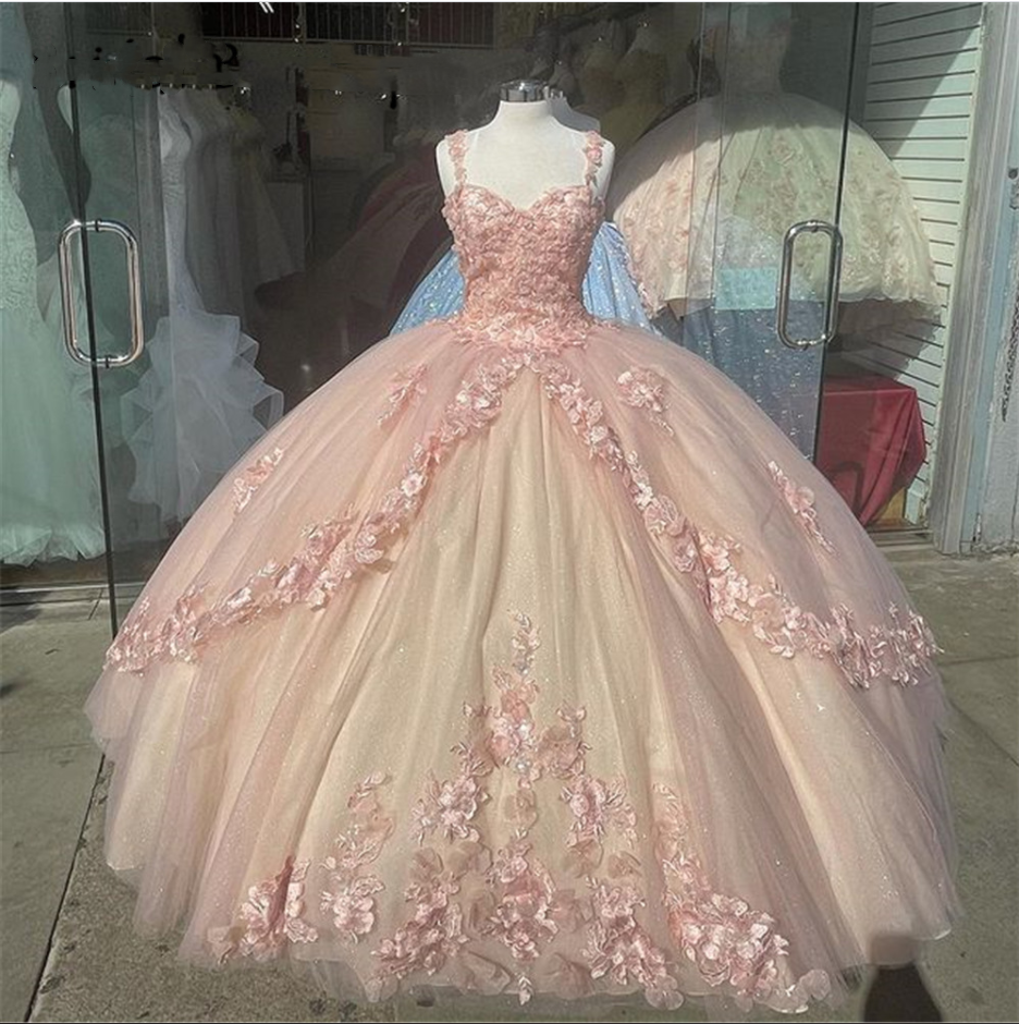 Princess Pink Quinceanera Dresses Lace Appliques Sweet 15 Party Prom Ball Gown SA798