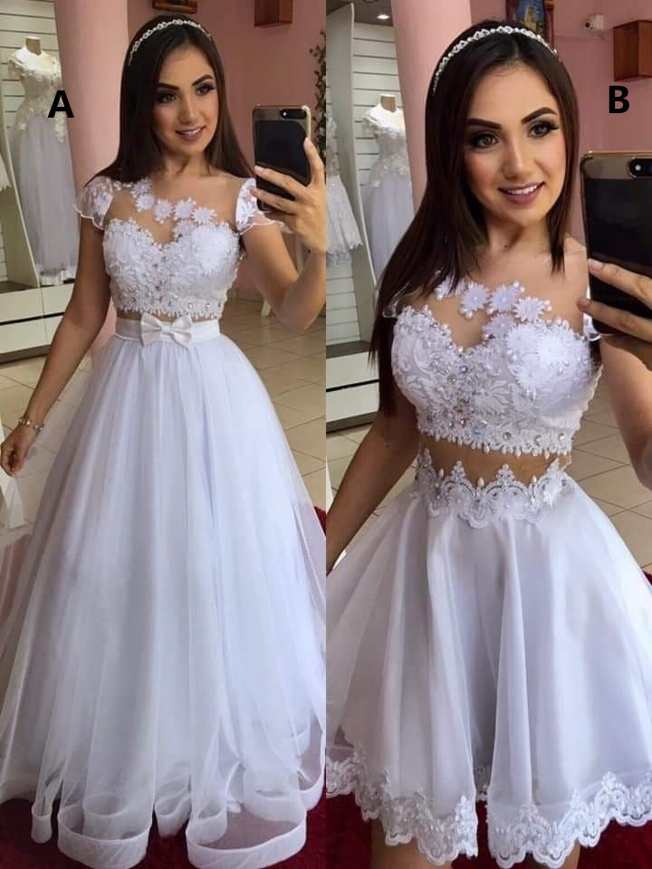 White Lace A Line Tulle Beaded Long Prom Dresses,Two Pieces Homecoming Dresses White Mini Party Gown SA1584
