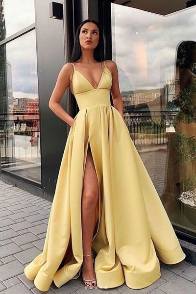 Yellow v neck satin long prom dress, yellow evening dress S62