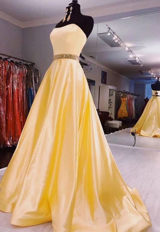 Yellow satin long prom dress evening dress S694