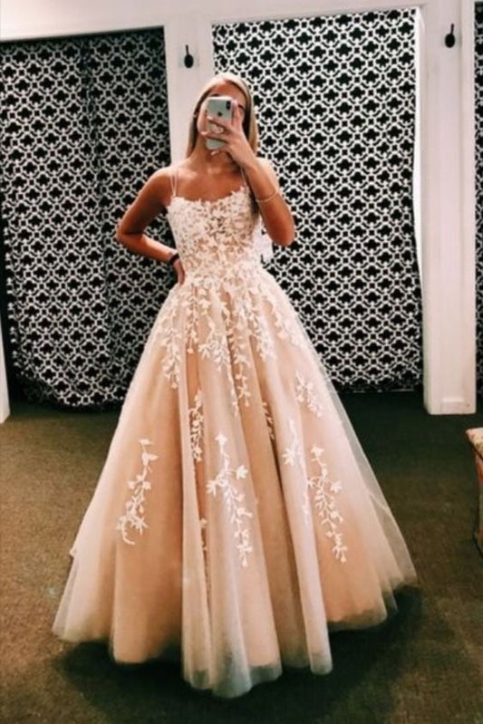 A-line ivory long prom dress with lace appliques S944