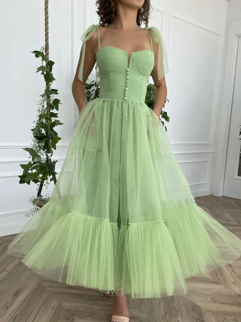 Tea Length Sage Tulle Formal Homecoming Dresses SH011