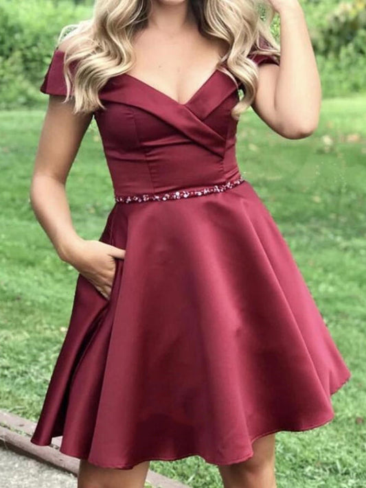 Off the Shoulder Short Burgundy Homecoming Dresses SH025