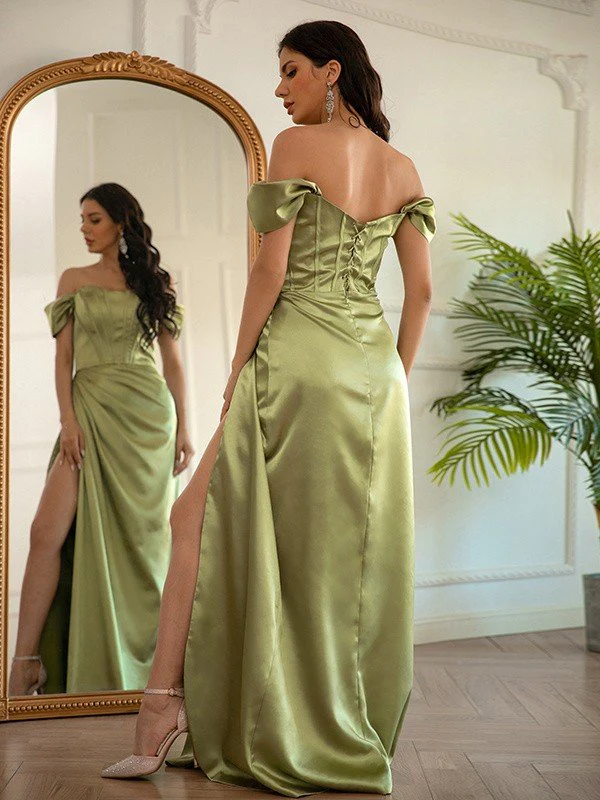 Sheath/Column Elastic Woven Satin Ruched Off-the-Shoulder Sleeveless Floor-Length Prom Dress SH291
