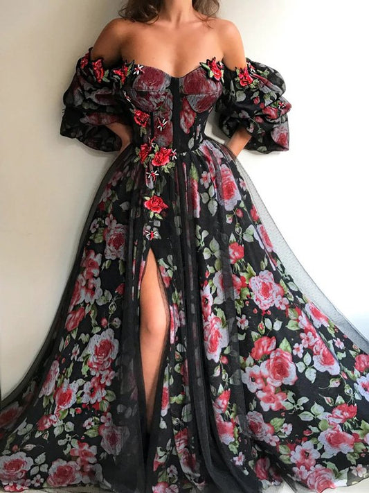 Off-The-Shoulder Beaded Decorate Floral Print Mesh Split-Side Prom Dress Long Evening Dress SH326