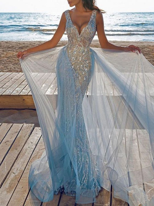 Spaghetti-Neck V-Neck Sequined Split-Joint Mesh Wedding Maxi Dress SH374