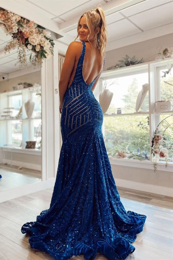 Plunge Royal Blue Sequins Mermaid Long Evening Dress SH407