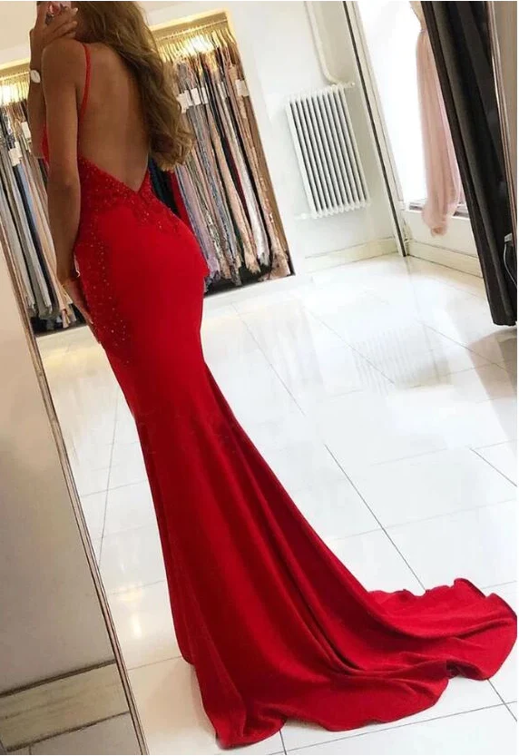 Red Mermaid Long Prom Dresses with Appliques and Beading SH412