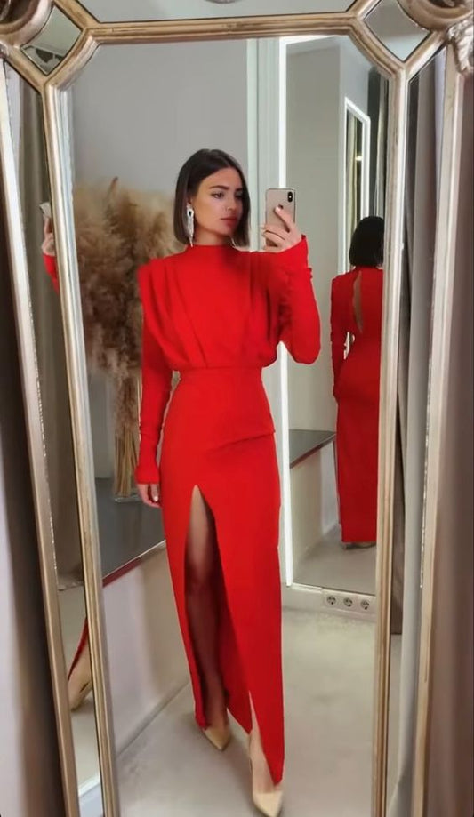 Long Evening Dresses Long Sleeves Red Prom Dress SH469