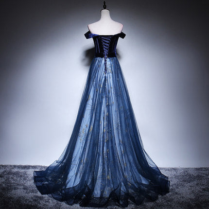 A Line Tulle Prom Dresses Navy Blue Evening Dress SH070