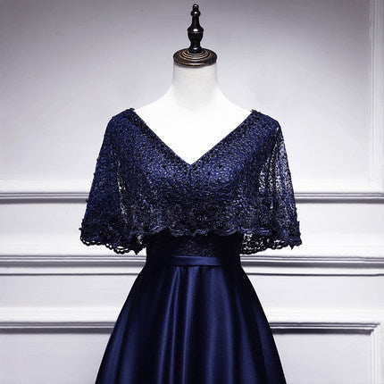 A line Satin Long Navy Blue Lace Prom Dresses SH193